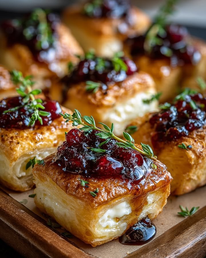 Caramelized Maple Brie Bites with Cranberry Honey Drizzle
