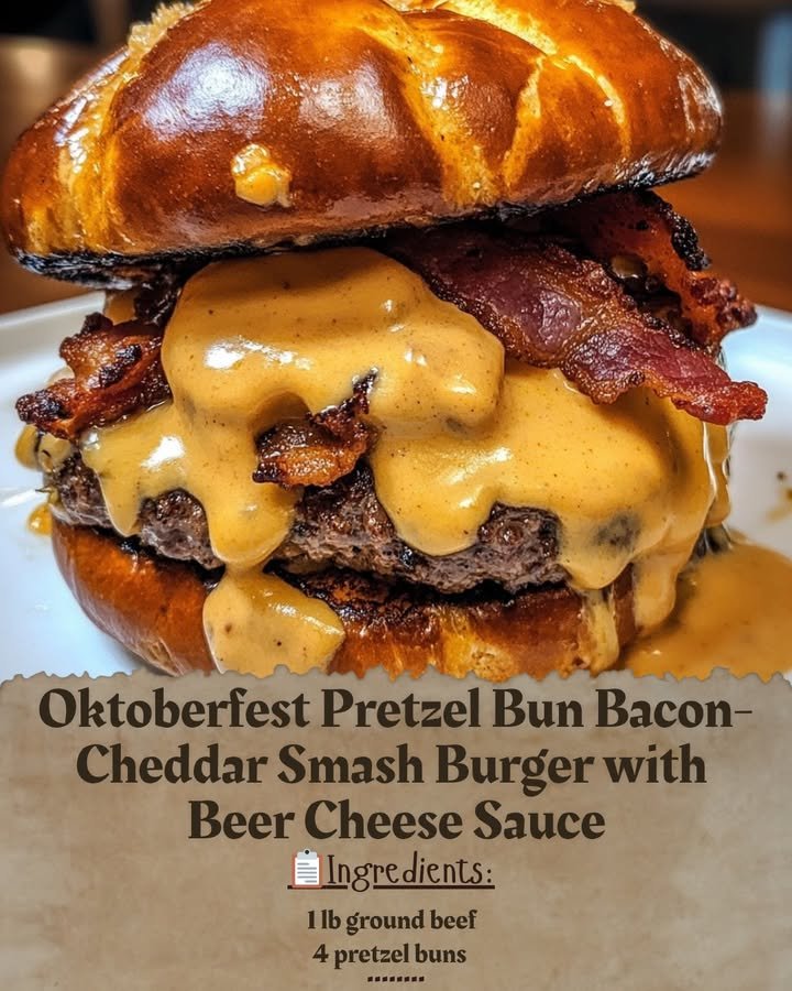 Oktoberfest Pretzel Bun Bacon-Cheddar Smash Burger with Beer Cheese Sauce
