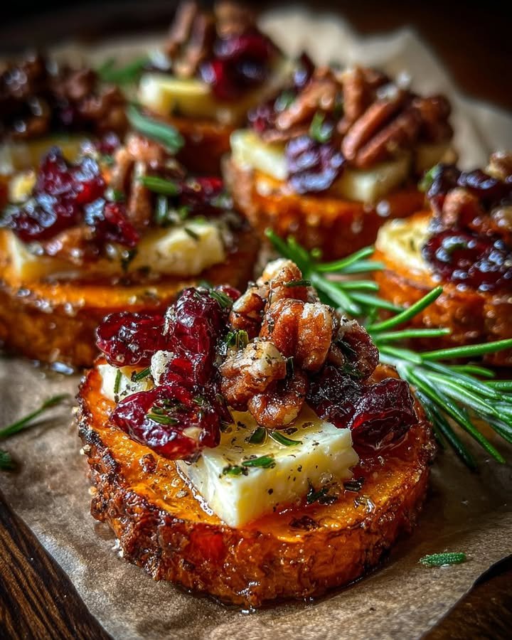 Sweet Potato Rounds with Brie, Cranberry & Pecans