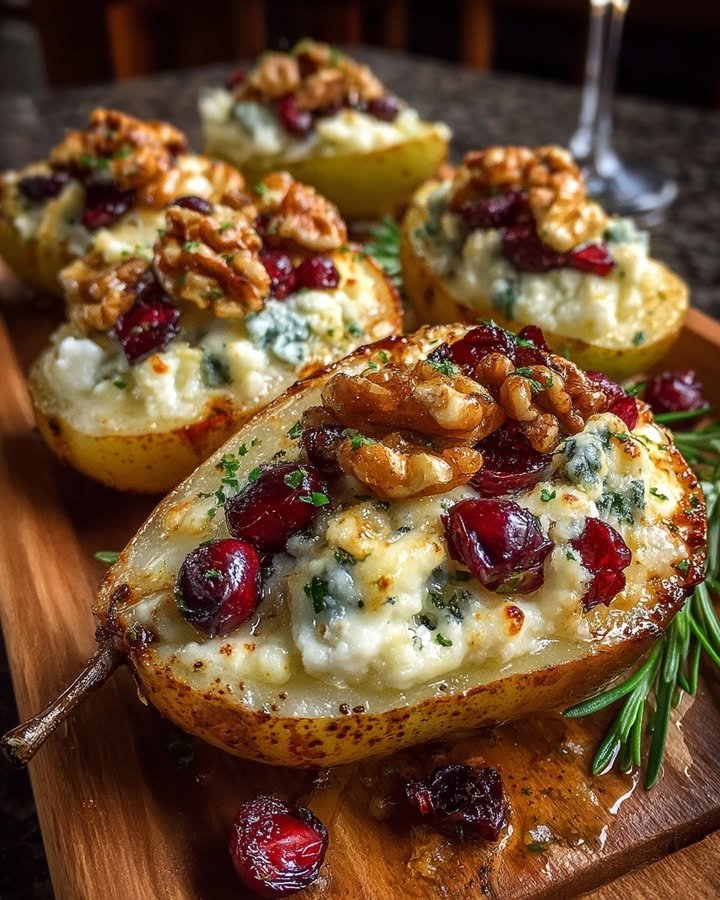 Baked Pears with Cranberries, Honey, Walnuts & Blue Cheese