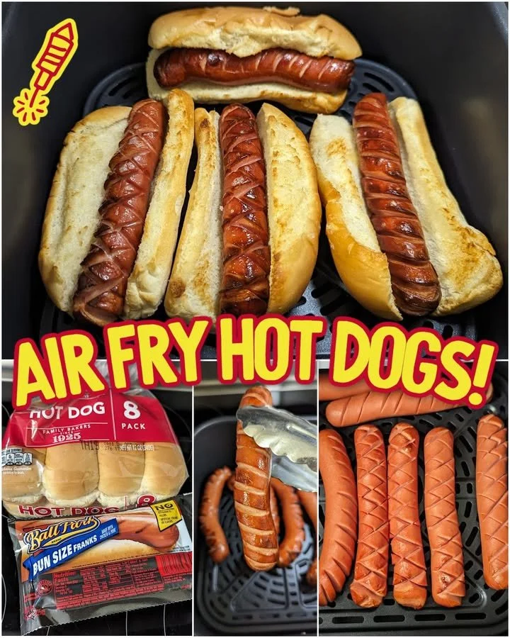 Crispy air fryer hot dogs ready to serve with toppings