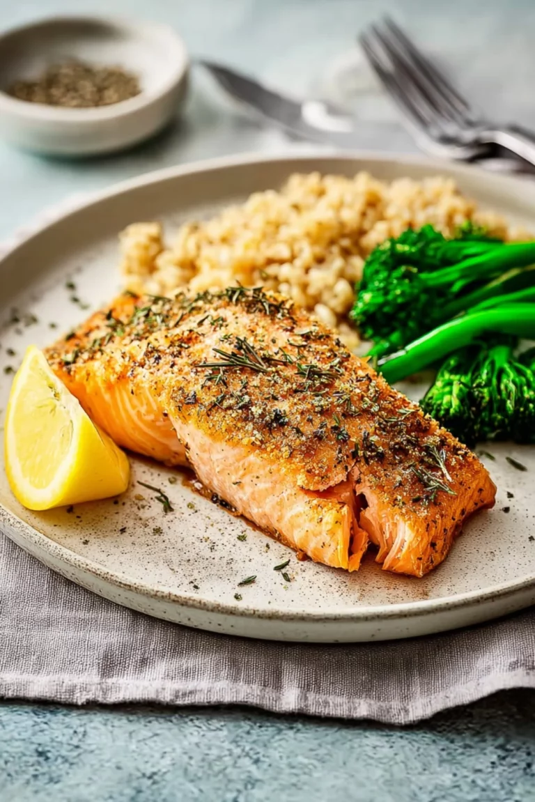 Cooked air fryer salmon garnished with herbs on a plate