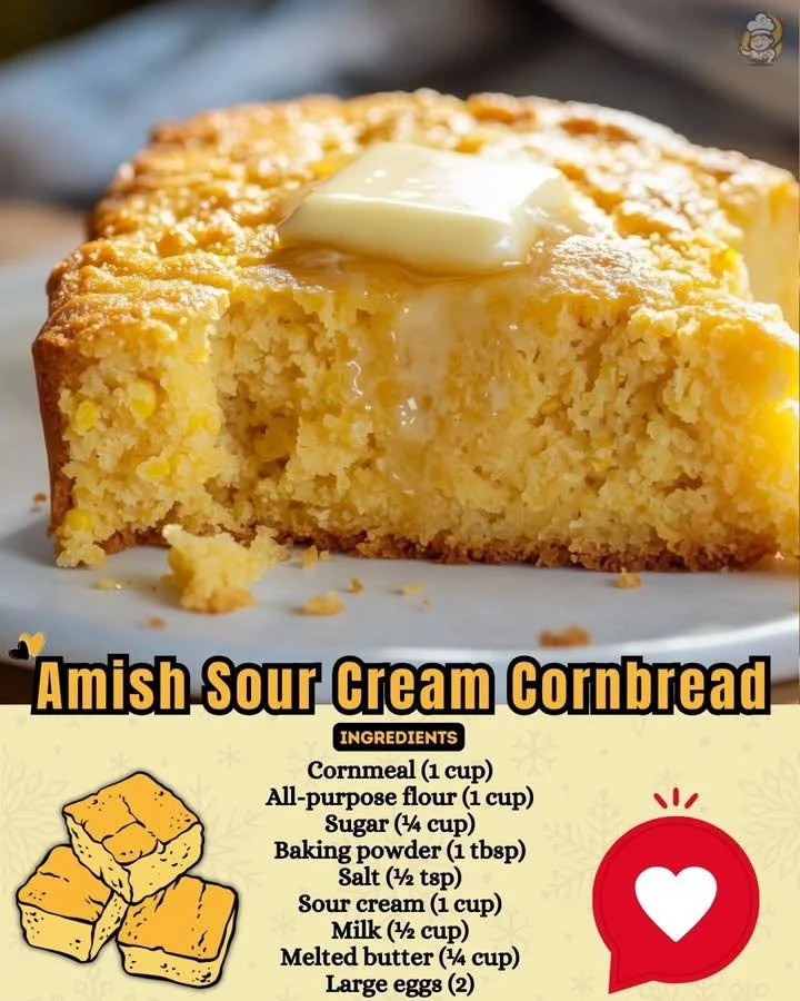 Amish sour cream cornbread served on a wooden platter with butter