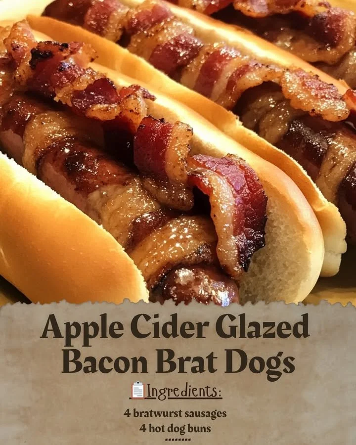 Apple cider glazed bacon brat dogs served on a plate