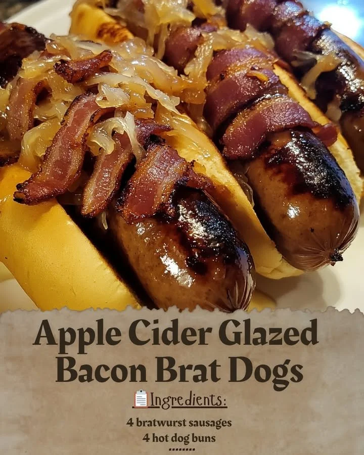 Apple cider glazed bacon brat dogs served on a wooden platter