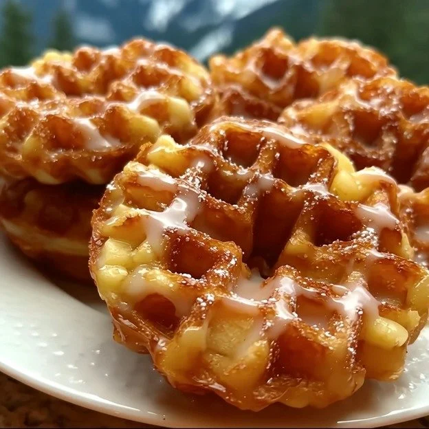 Delicious Apple Fritter Waffle Donuts topped with glaze and apples