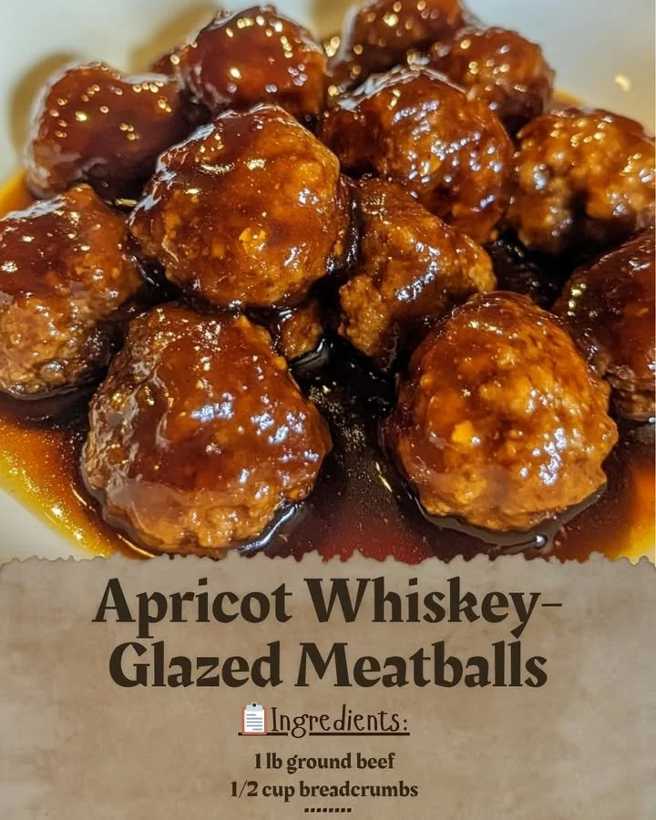 Delicious apricot whiskey-glazed meatballs served on a platter.