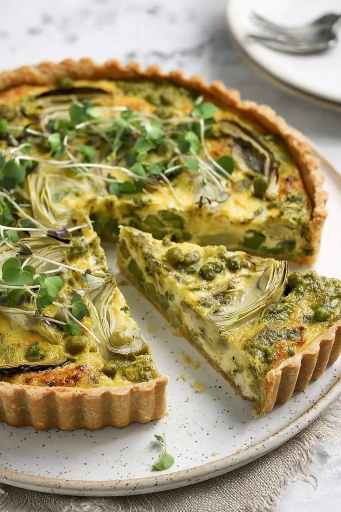 Artichoke tart with broad beans and watercress pesto, garnished beautifully.
