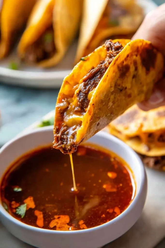 Delicious Authentic Birria Tacos served with rich broth and fresh toppings
