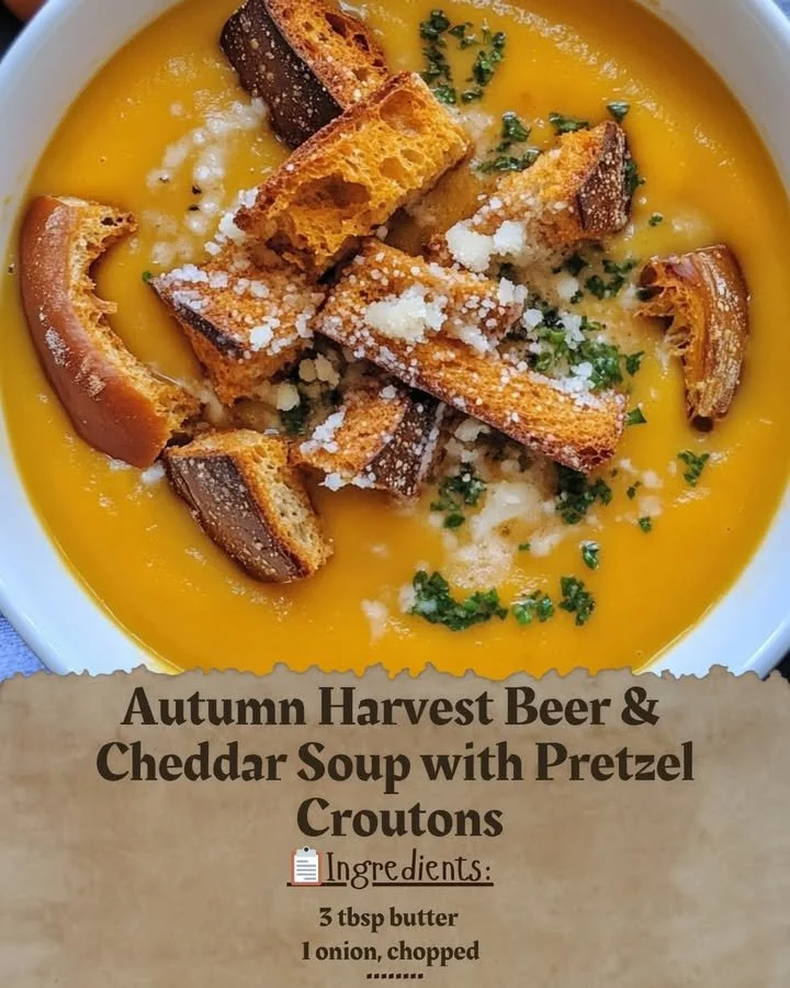 Autumn Harvest Beer & Cheddar Soup with Pretzel Croutons