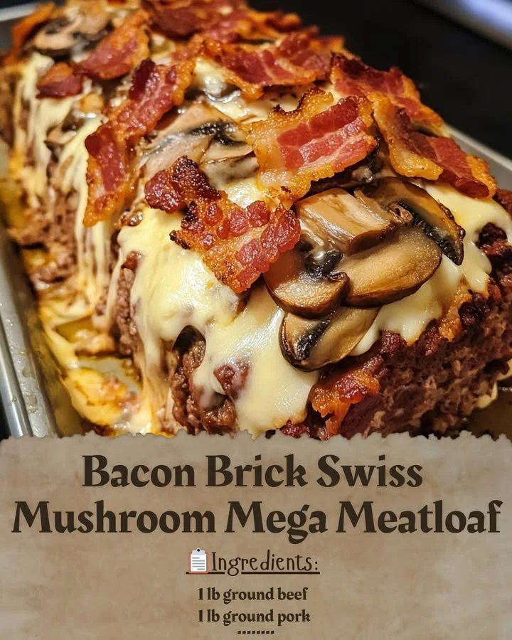 Bacon Brick Swiss Mushroom Mega Meatloaf served on a plate