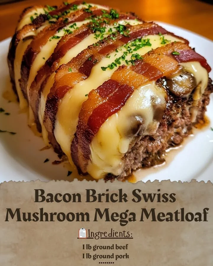 Bacon Brick Swiss Mushroom Mega Meatloaf served with vegetables