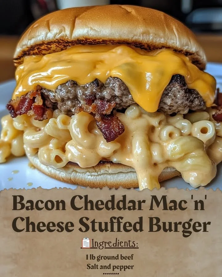 Bacon cheddar macaroni and cheese stuffed burger with crispy bacon and cheese melting