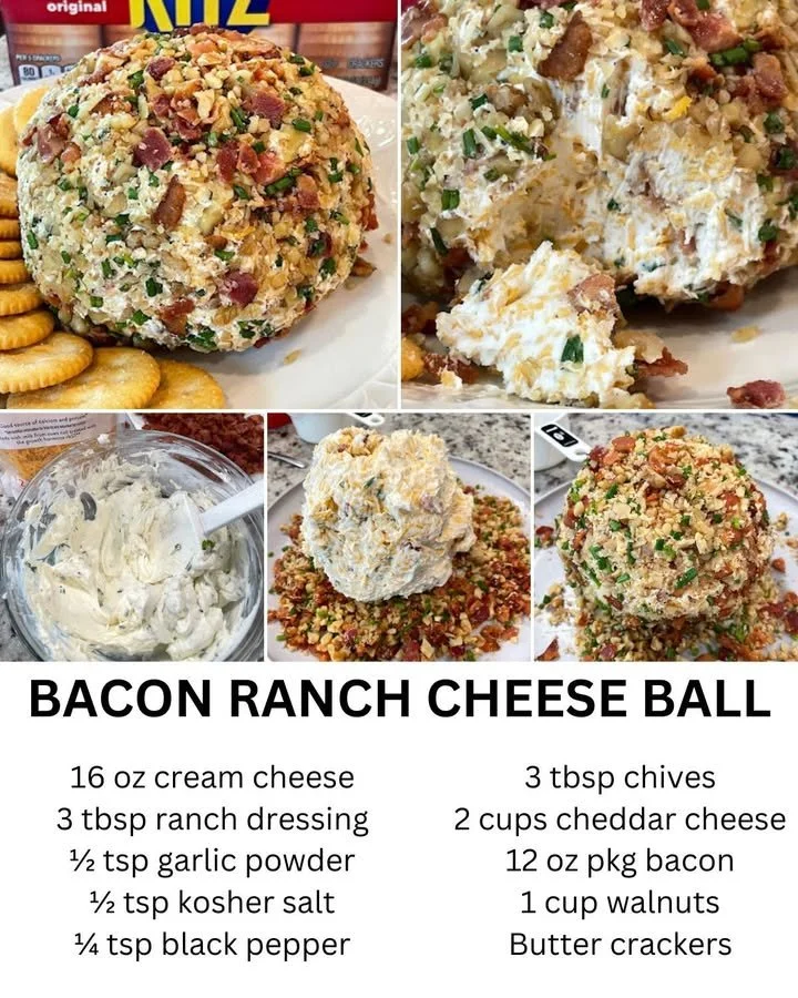 Bacon Cheddar Ranch Cheese Ball appetizer on a wooden platter