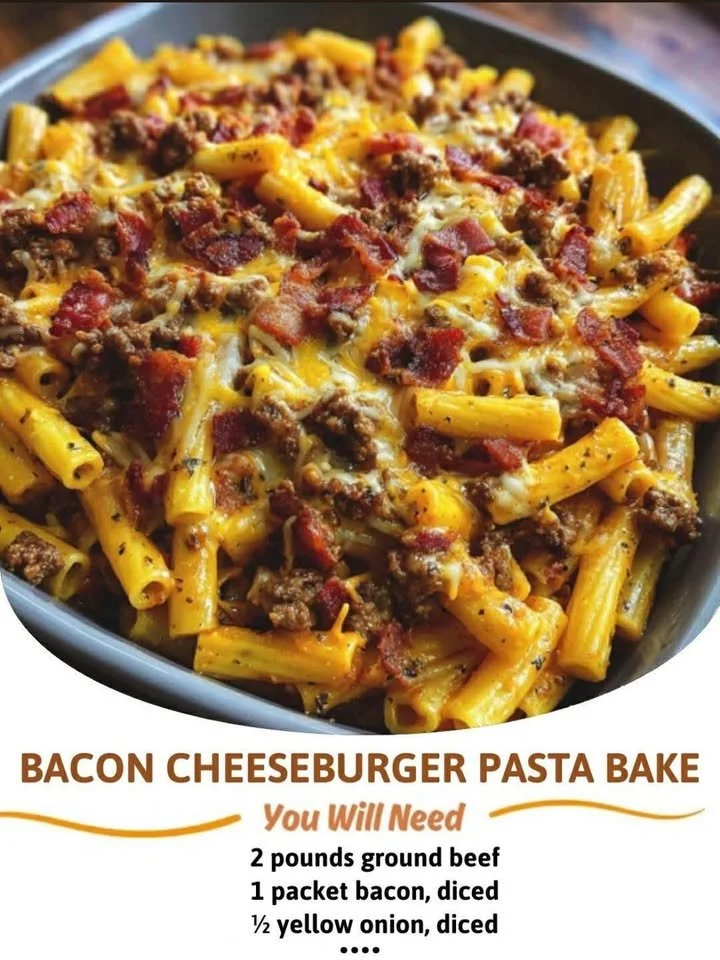 Delicious Bacon Cheeseburger Pasta Bake topped with melted cheese and crispy bacon.