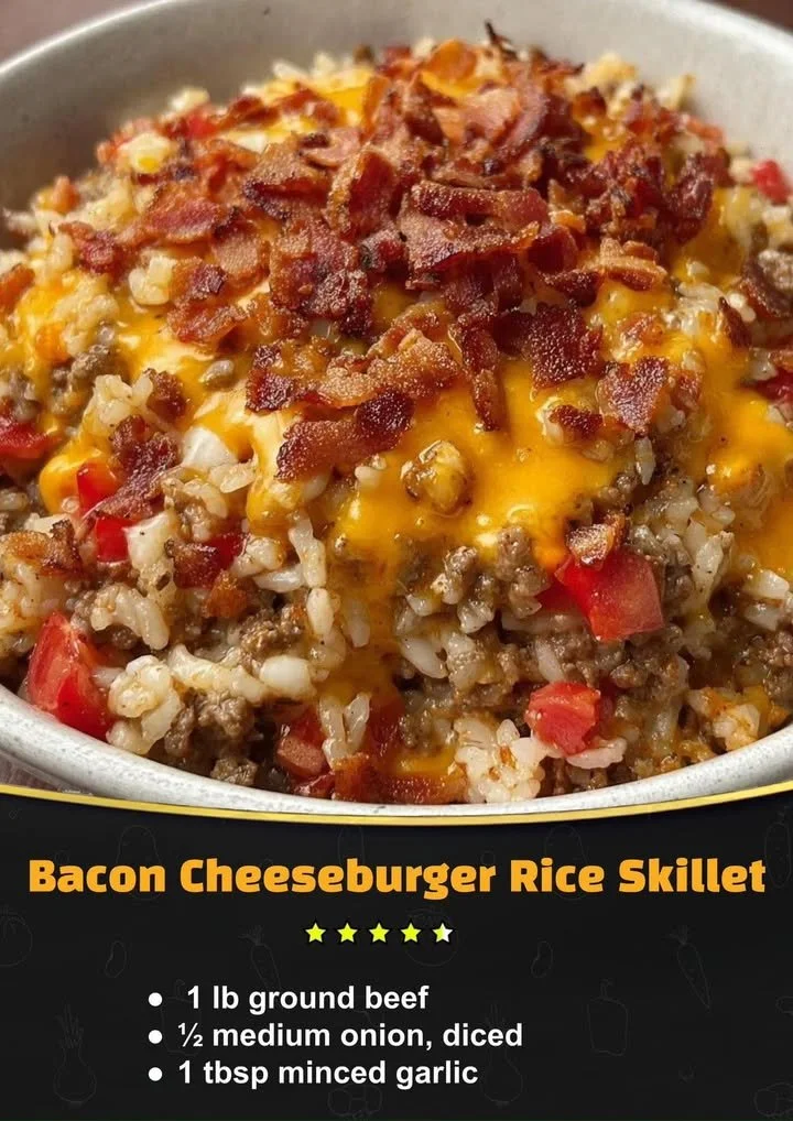 Delicious Bacon Cheeseburger Rice Skillet with melted cheese and crispy bacon