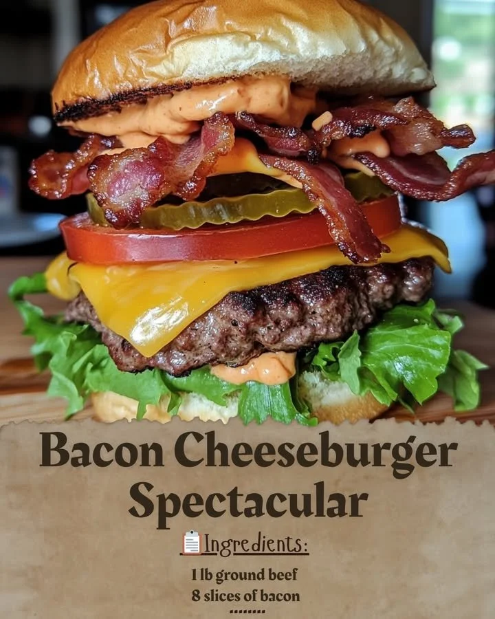 Juicy bacon cheeseburger with melted cheese and crispy bacon on a toasted bun