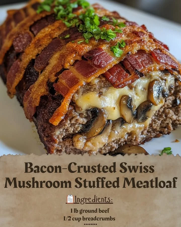 Bacon-Crusted Swiss Mushroom Stuffed Meatloaf on a rustic wooden table