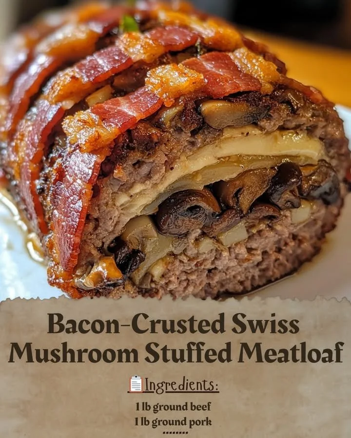 Bacon-Crusted Swiss Mushroom Stuffed Meatloaf garnished and ready to serve
