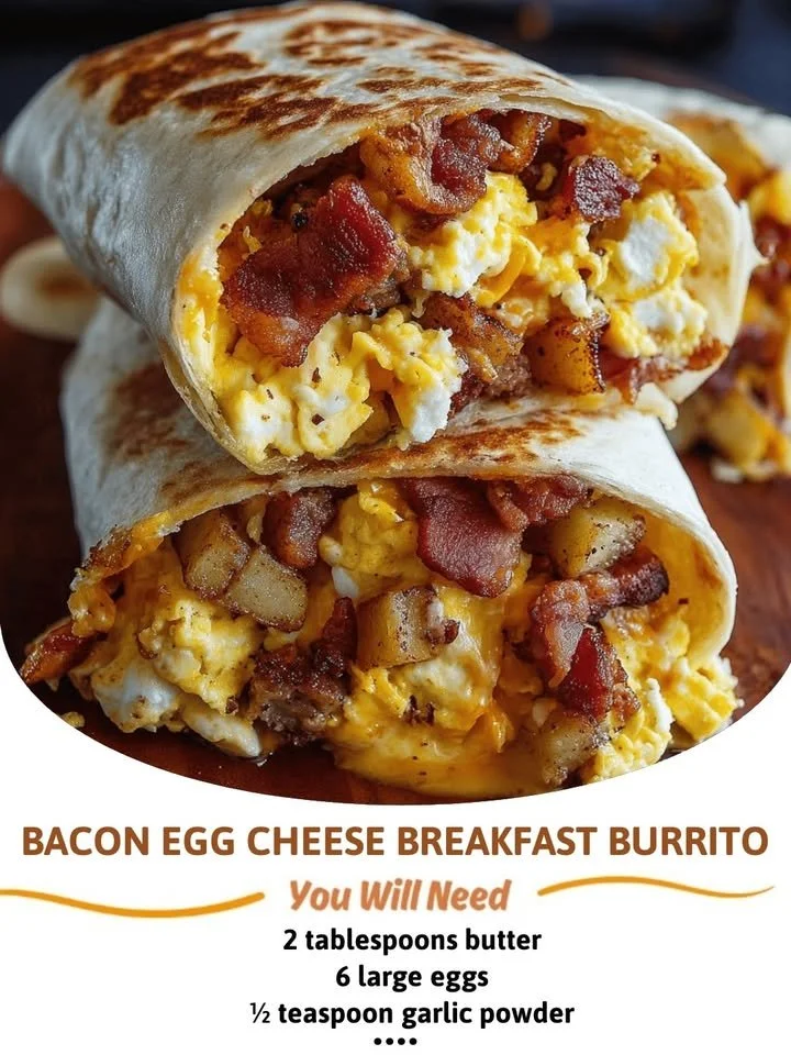 Bacon egg cheese breakfast burrito, a tasty morning meal wrapped in a soft tortilla.
