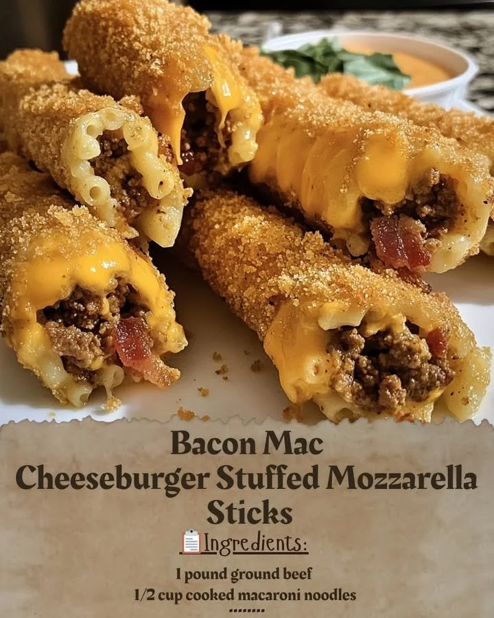 Bacon Mac Cheeseburger Stuffed Mozzarella Sticks ready to serve