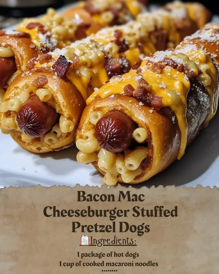 Bacon Mac Cheeseburger stuffed pretzel dogs topped with cheese and bacon