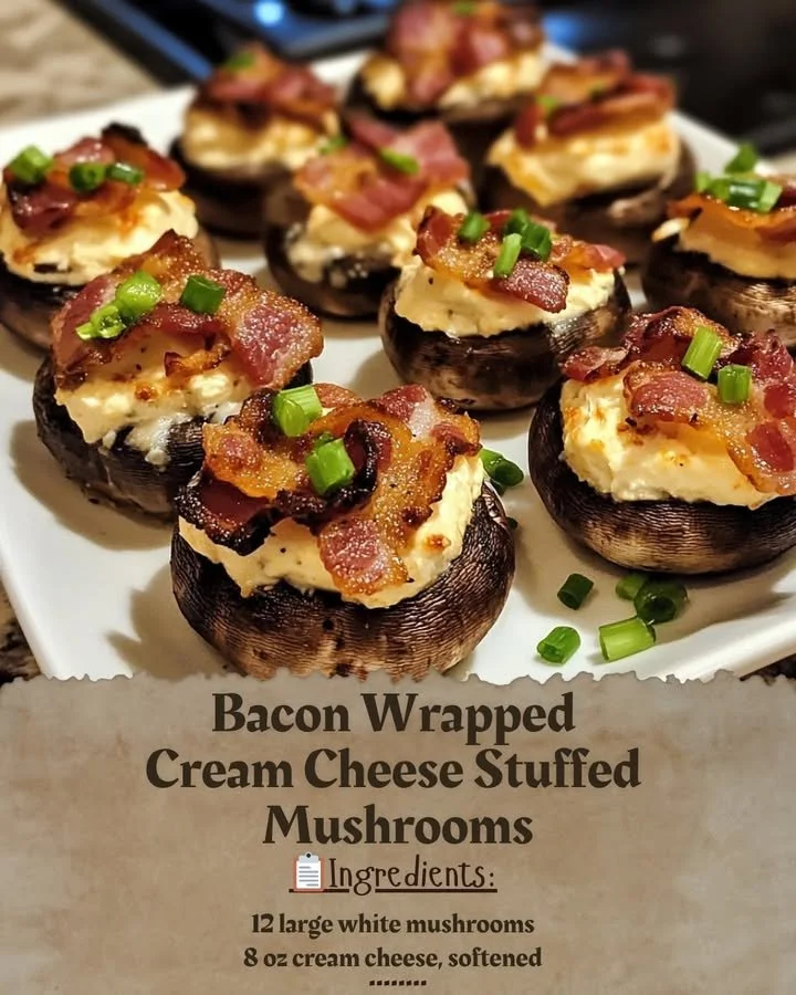 Bacon wrapped cream cheese stuffed mushrooms ready to be served.