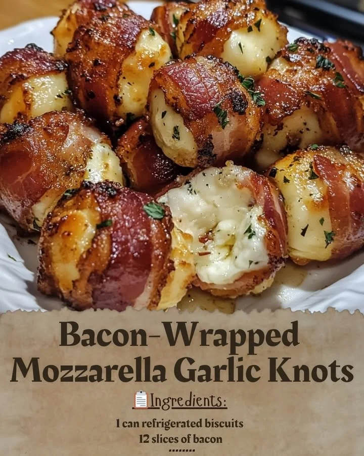 Bacon-wrapped mozzarella garlic knots on a plate ready to serve