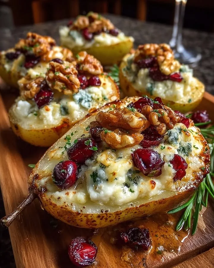 Baked pears with cranberries, honey, walnuts, and blue cheese dish