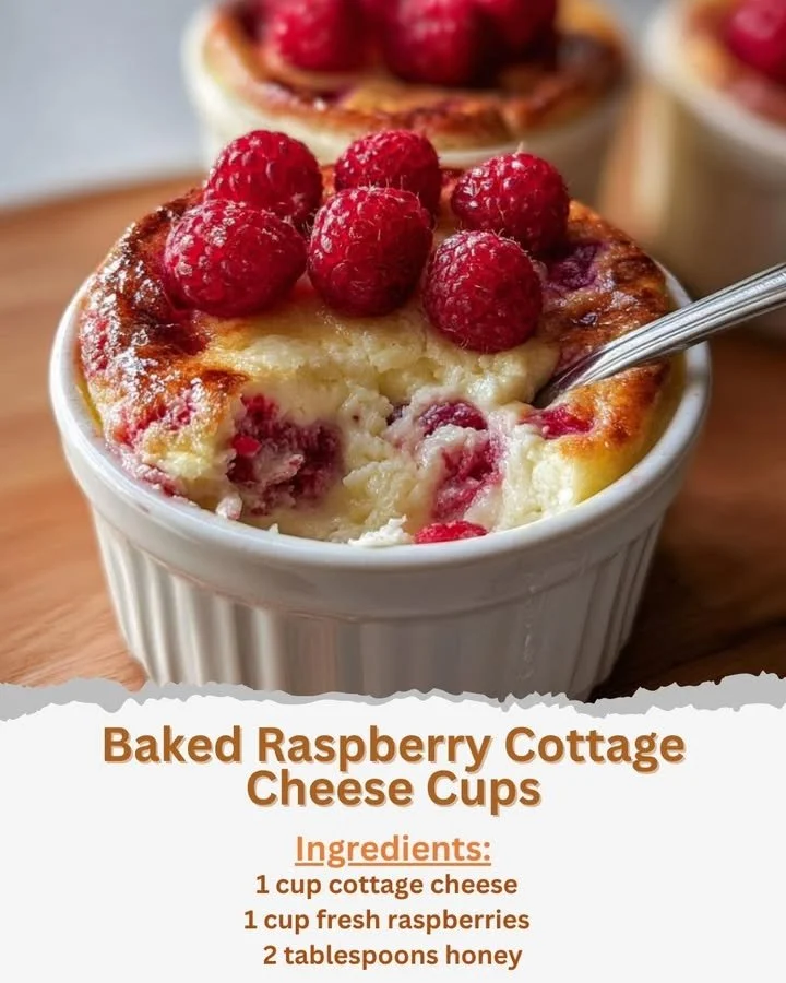 Baked raspberry cottage cheese cups topped with fresh raspberries