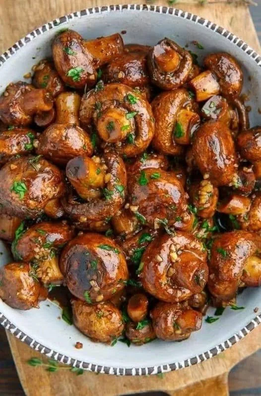 Balsamic soy roasted garlic mushrooms on a plate