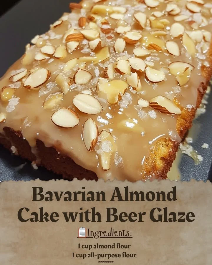 Slice of Bavarian Almond Cake with Beer Glaze on a plate