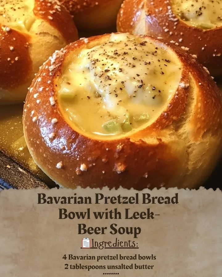 Bavarian pretzel bread bowl filled with leek-beer soup on a wooden table