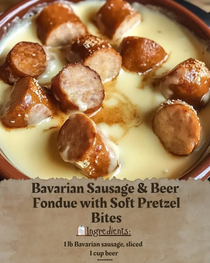 Bavarian Sausage Fondue with soft pretzel bites and beer served in a pot.