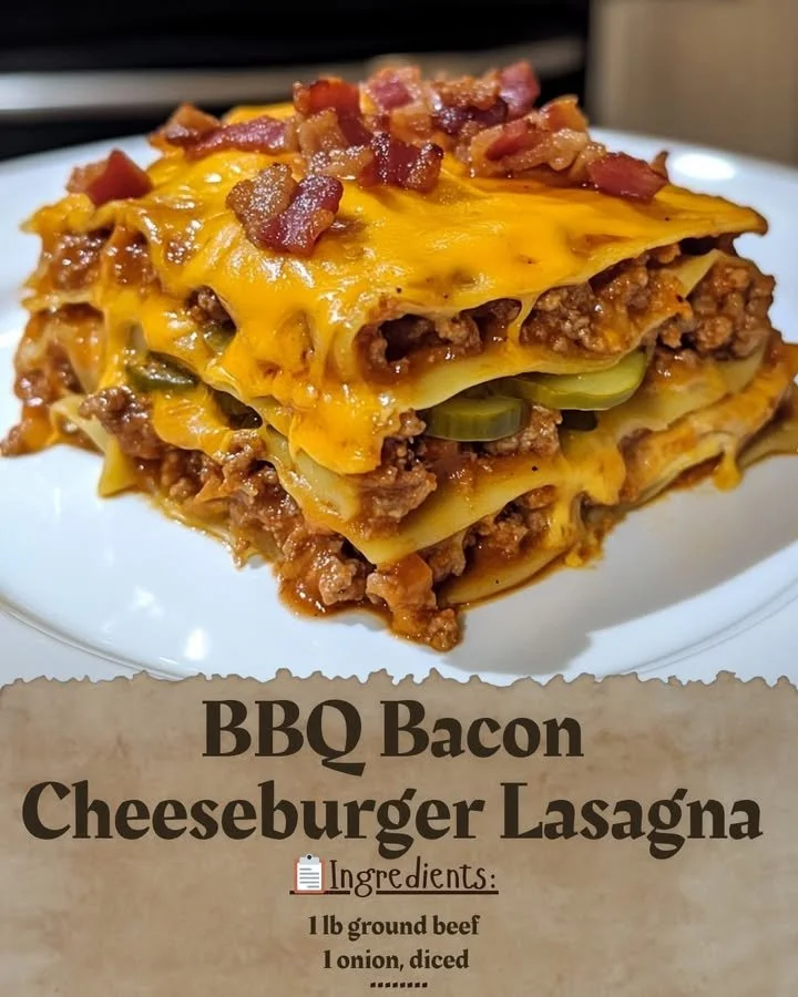 Delicious BBQ bacon cheeseburger lasagna served in a casserole dish