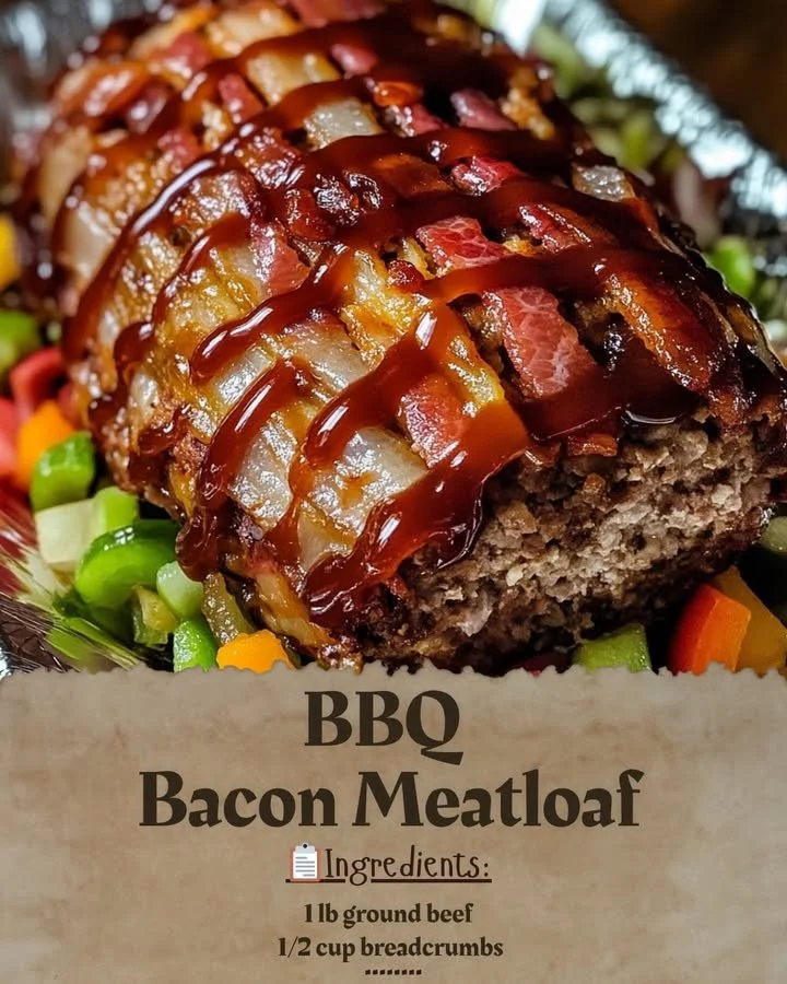 Delicious BBQ Bacon Meatloaf served with BBQ sauce and crispy bacon