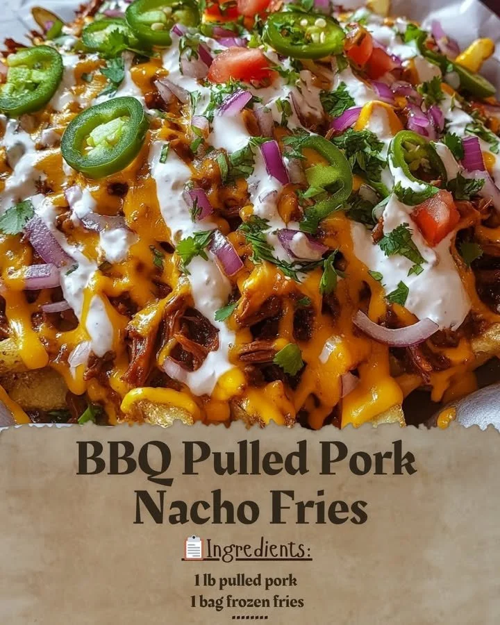BBQ pulled pork nacho fries topped with cheese and jalapeños