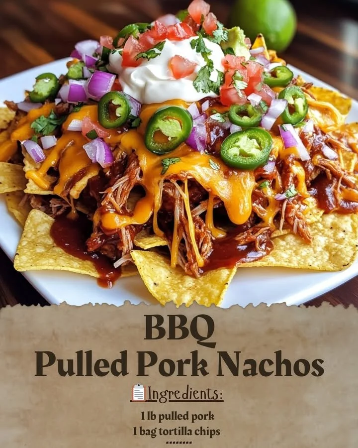 BBQ pulled pork nachos topped with cheese and jalapeños on a plate