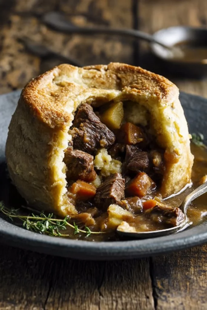 Beef Pudding with ale and parsnips served in a rustic dish