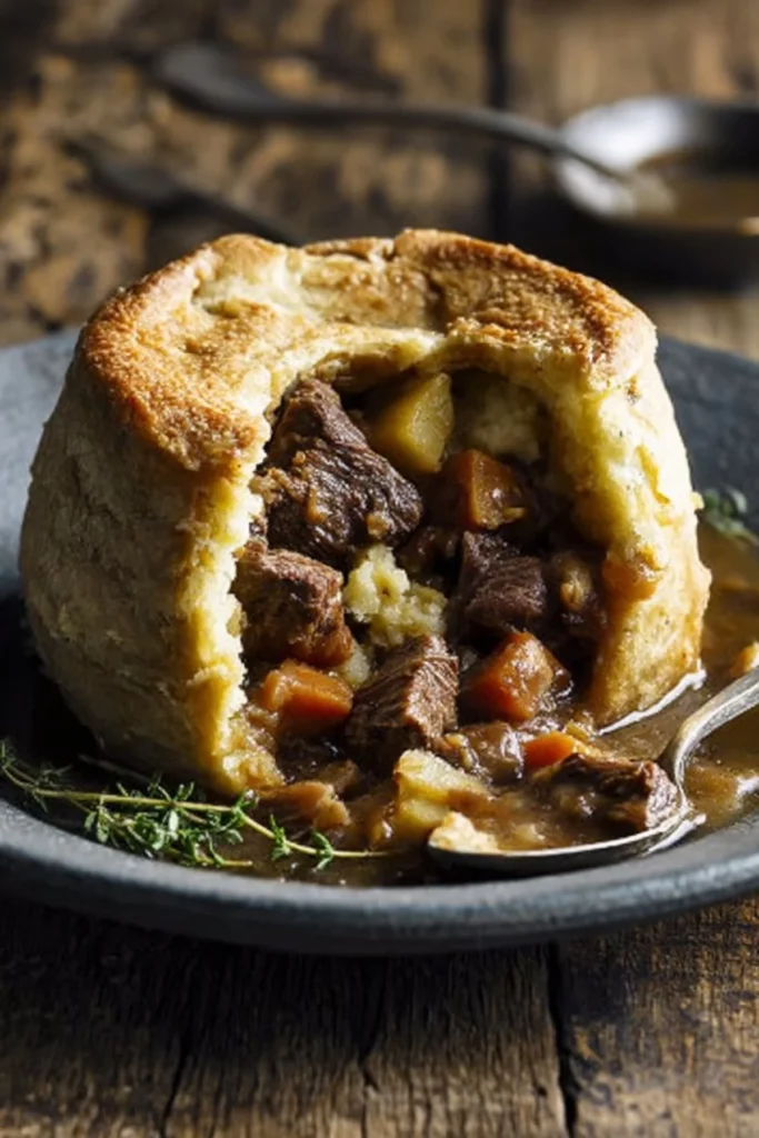 Delicious Beef, Ale & Parsnip Pudding served in a rustic dish