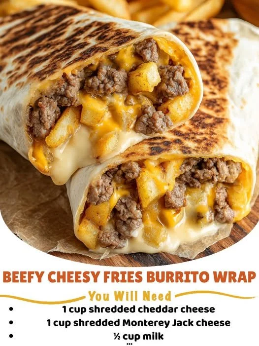 Beefy Cheesy Fries Burrito Wrap with savory beef and melted cheese