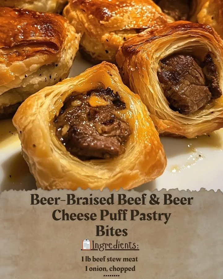 Delicious beer-braised beef and cheese puff pastry bites served on a plate