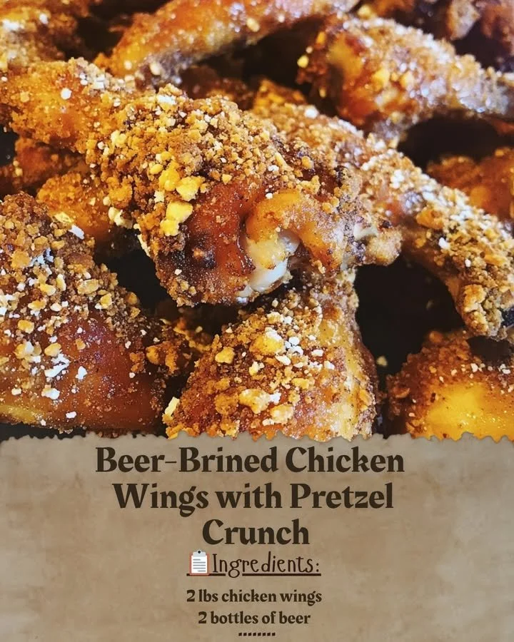 Delicious beer-brined chicken wings with a crunchy pretzel topping