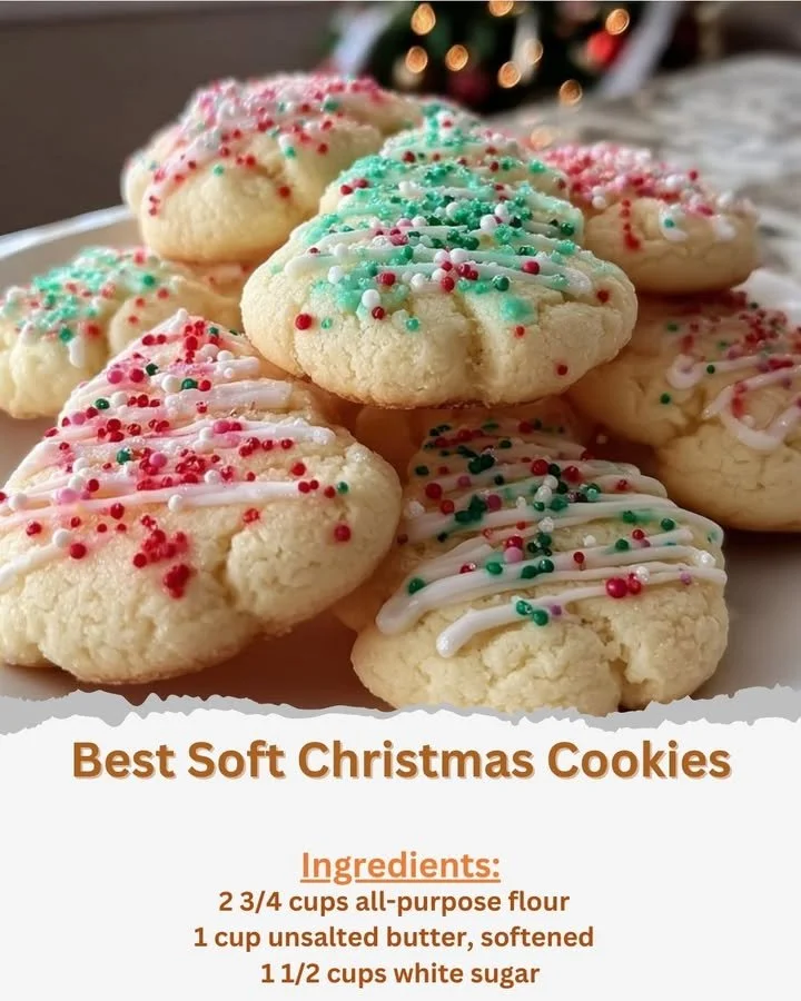 Plate of soft Christmas cookies decorated with festive icing and sprinkles