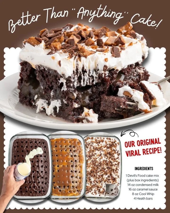 Delicious slice of Better Than Anything Cake with chocolate and caramel toppings