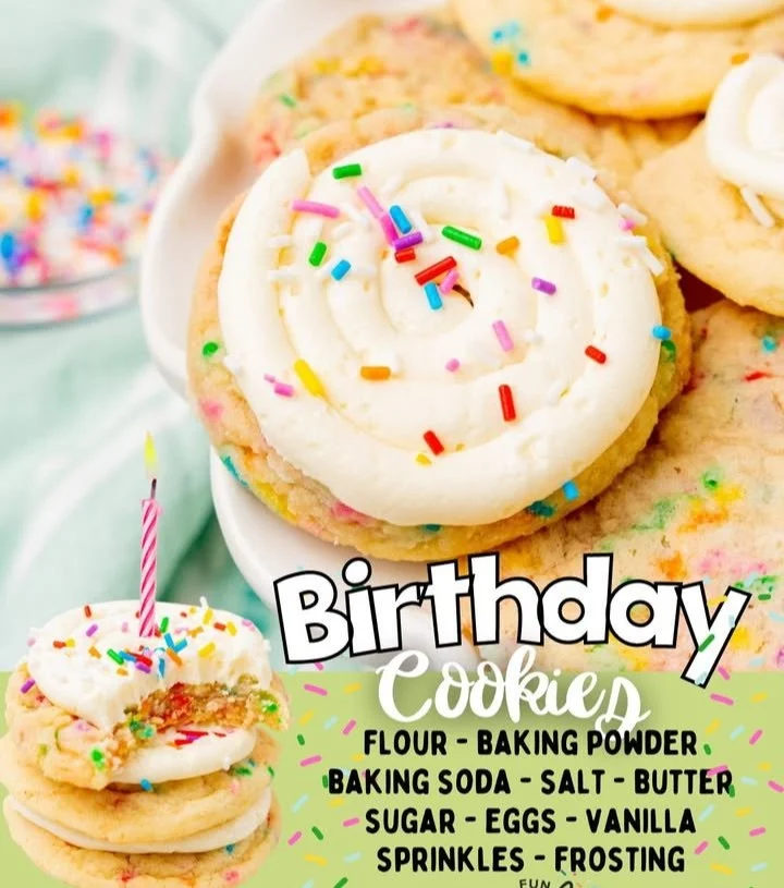 Colorful birthday cake cookies topped with sprinkles on a white plate.
