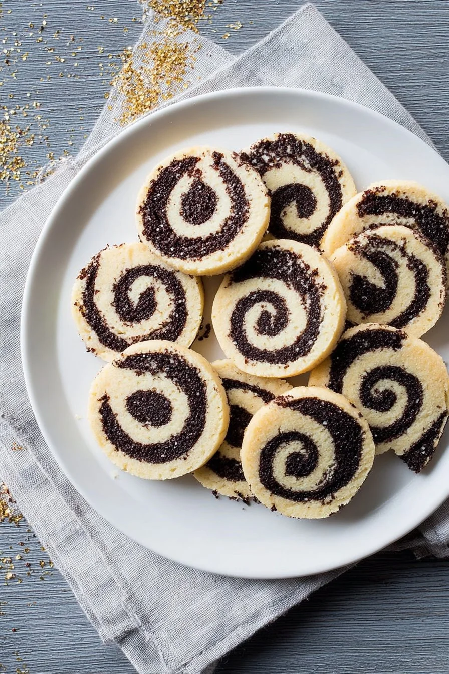Delicious homemade Black and White Pinwheel Cookies arranged on a plate.
