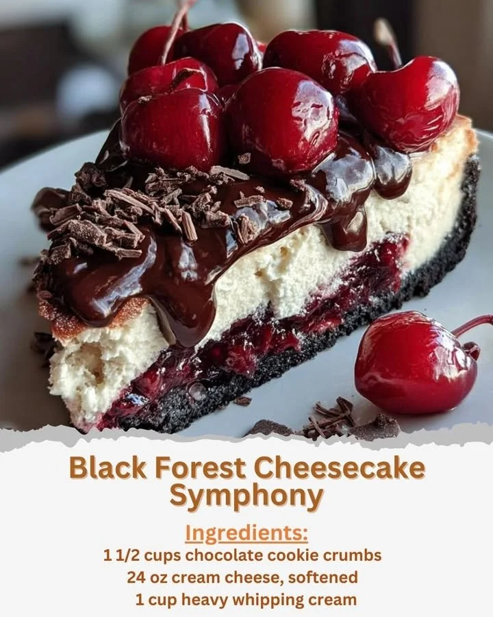 Delicious Black Forest Cheesecake Symphony topped with cherries and chocolate shavings.