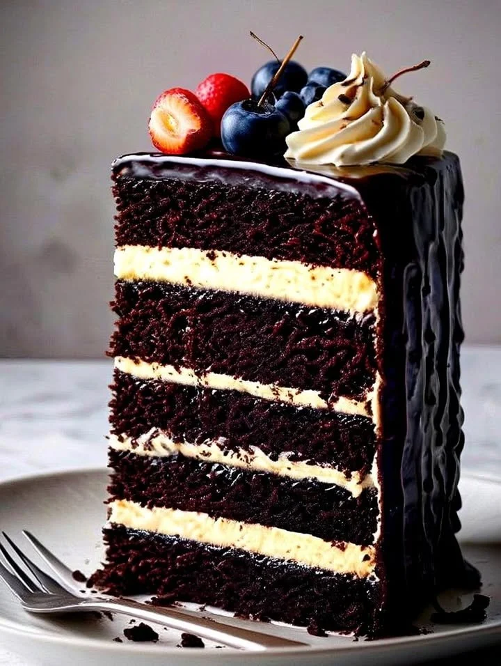 Delicious Black Velvet Cake slices on a white plate garnished with cherries