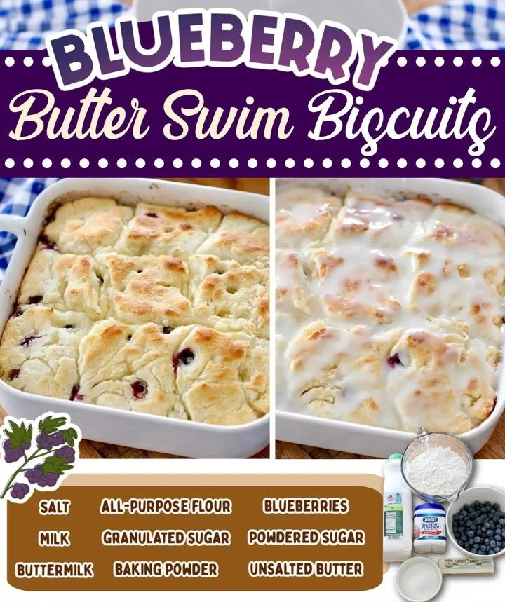 Freshly baked Blueberry Butter Swim Biscuits with blueberries and butter.